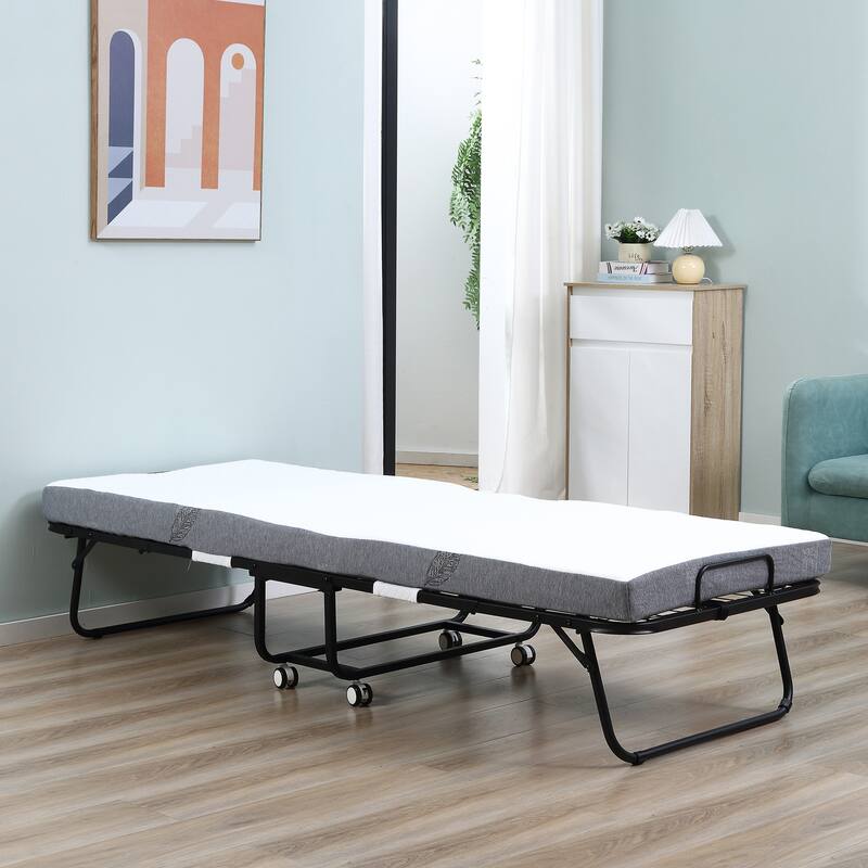 Twin Size Steel Foldable Bed with 4" Mattress and Wheels