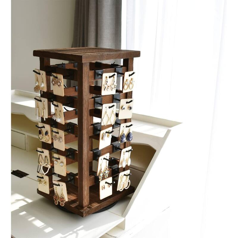 Wood Rotating Jewelry Display Tower with 42 Removable Hooks - S