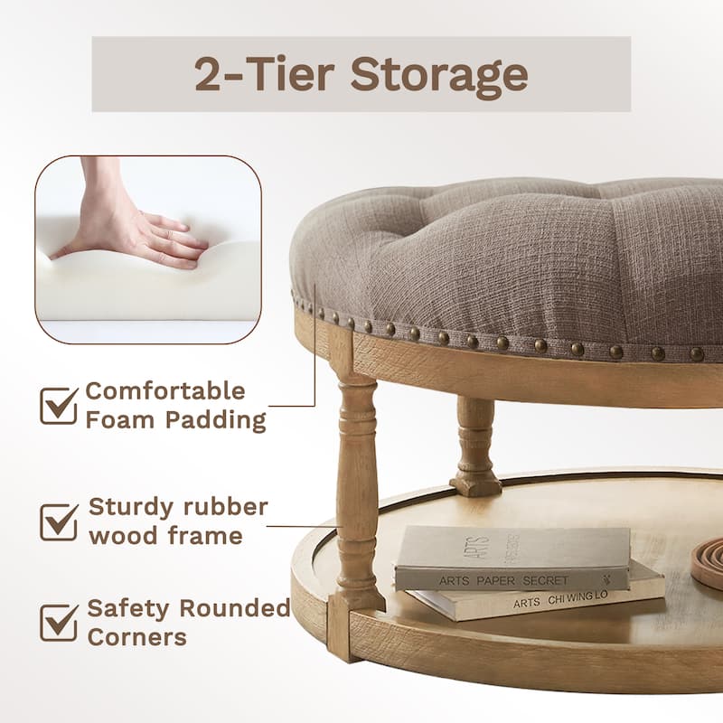 HUIMO 33in Round Upholstered Solid Wood Ottoman Coffee Table with Storage Shelf