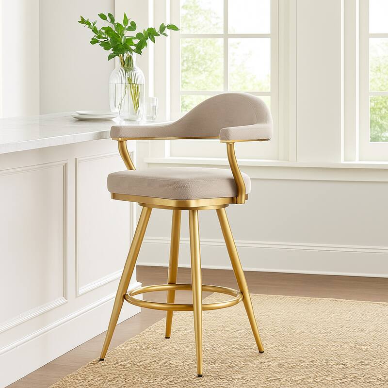 Justy Swivel Counter Stool Chair, Gold Steel Legs, Taupe Polyester