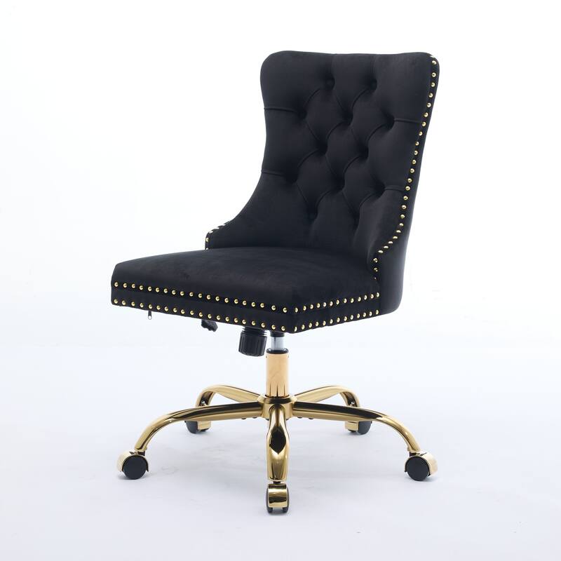 GDF Studio - Velvet Tufted Upholstered Home Office Chair with Golden Metal Base with Swivel Adjustment and Elegant Button Back