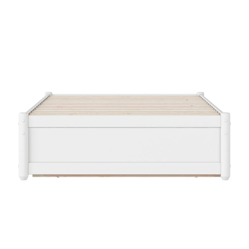 Asian Twin Panel Bed with Trundle - White Platform Bed Frame - Space Saving Design - Hardwood Frame