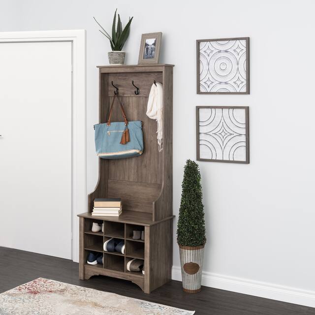 Prepac Hall Tree with Bench and Shoe Storage - 27" Narrow Hall Tree with 9 Shoe Cubbies - drifted gray