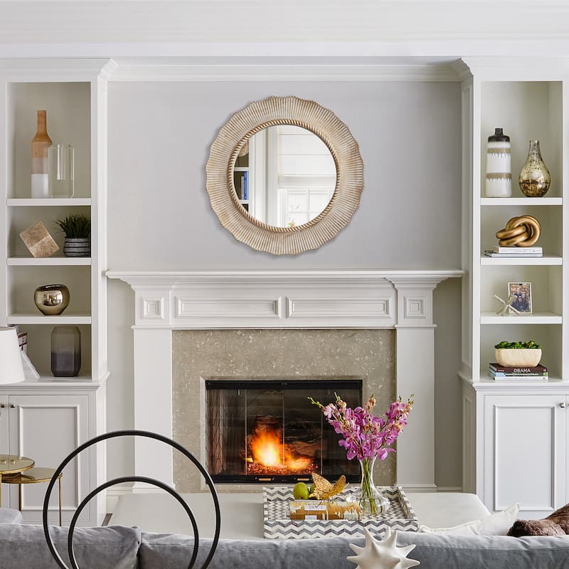 30-in Bohemian Beige Round Wooden Decorative Bathroom Vanity Wall Mirror