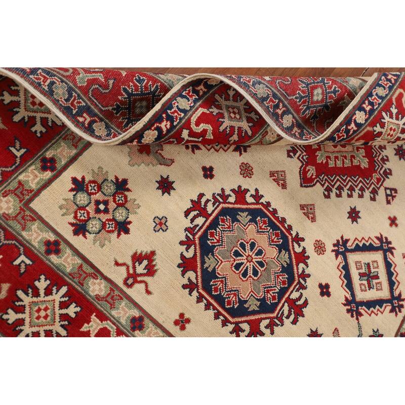 Geometric Beige Kazak Oriental Area Rug Handmade Wool Carpet - 5'0" x 6'8"
