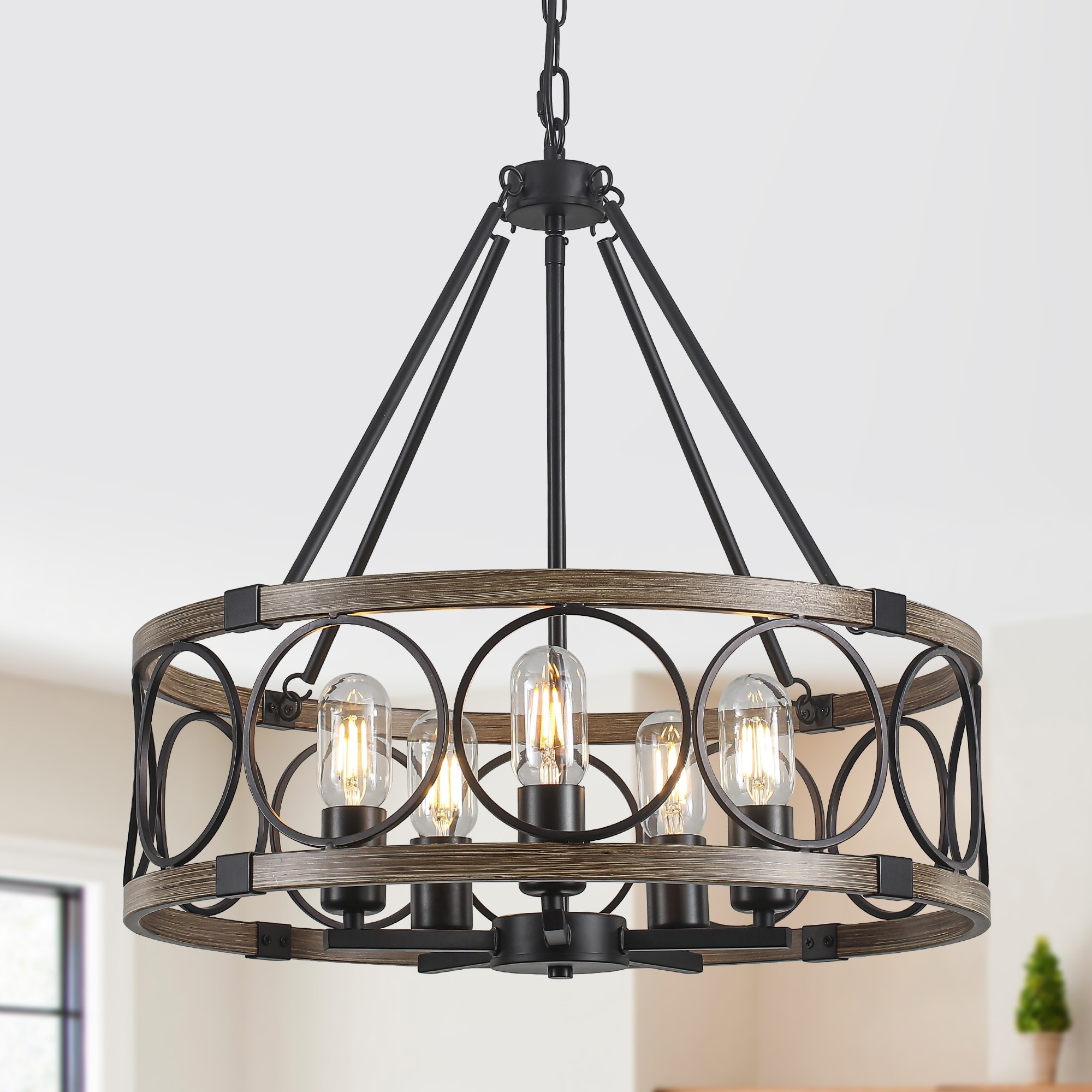 Zjvaive Farmhouse 5-Light Metal Drum Candle Chandelier for Dining Room Kitchen Island