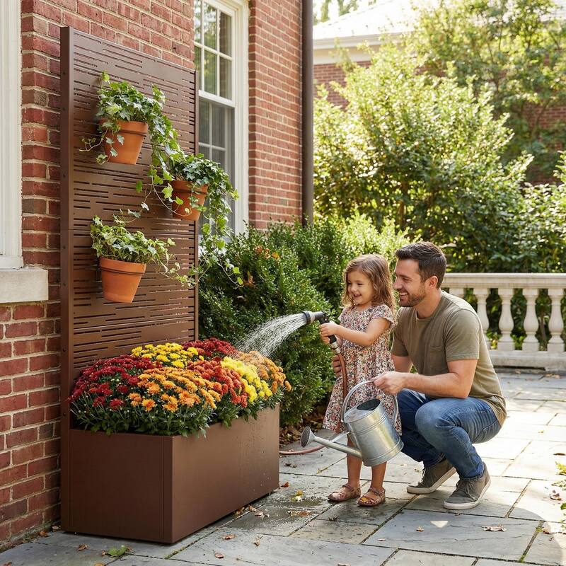 Metal Galvanized Planter Box with Trellis Privacy Screen Lockable Wheels