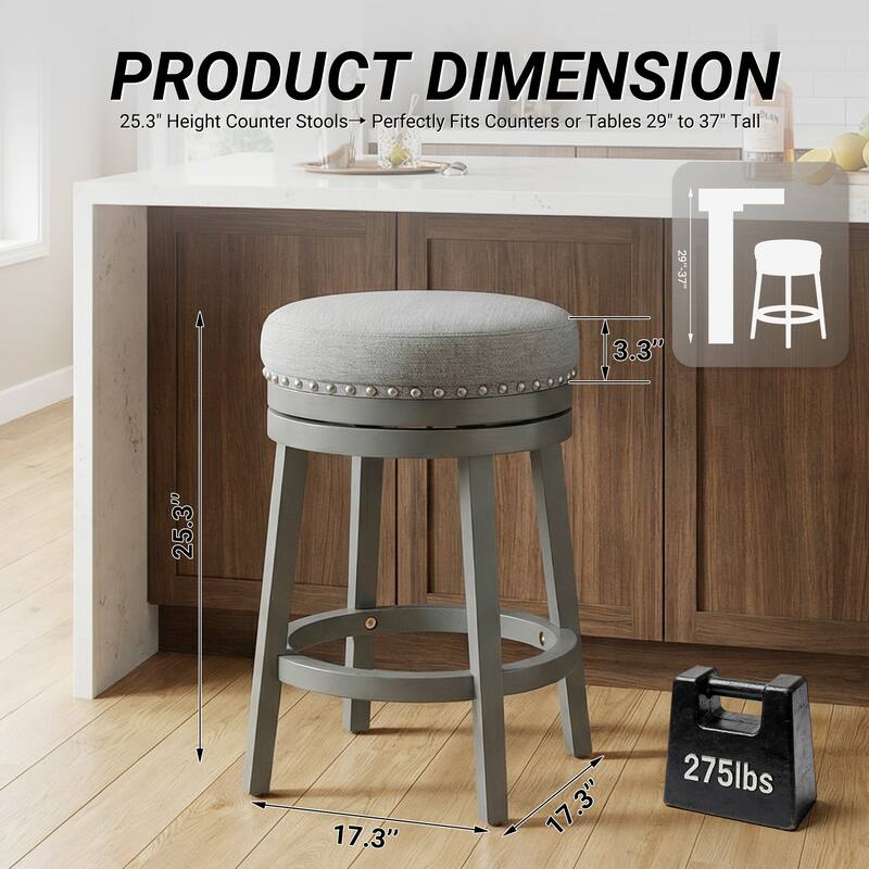 Swivel Counter Height Bar Stool with Upholstered Seat Solid Wood Frame