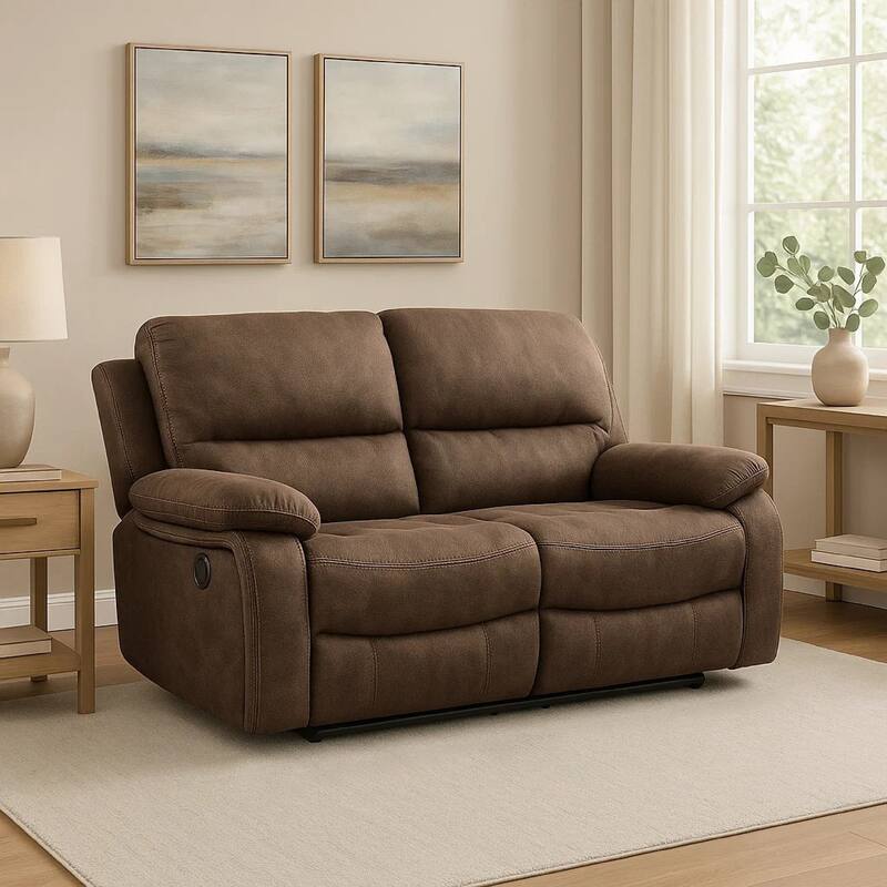 Heny Manual Reclining Loveseat, Brown Fabric Seating, 68 Inch No Sag