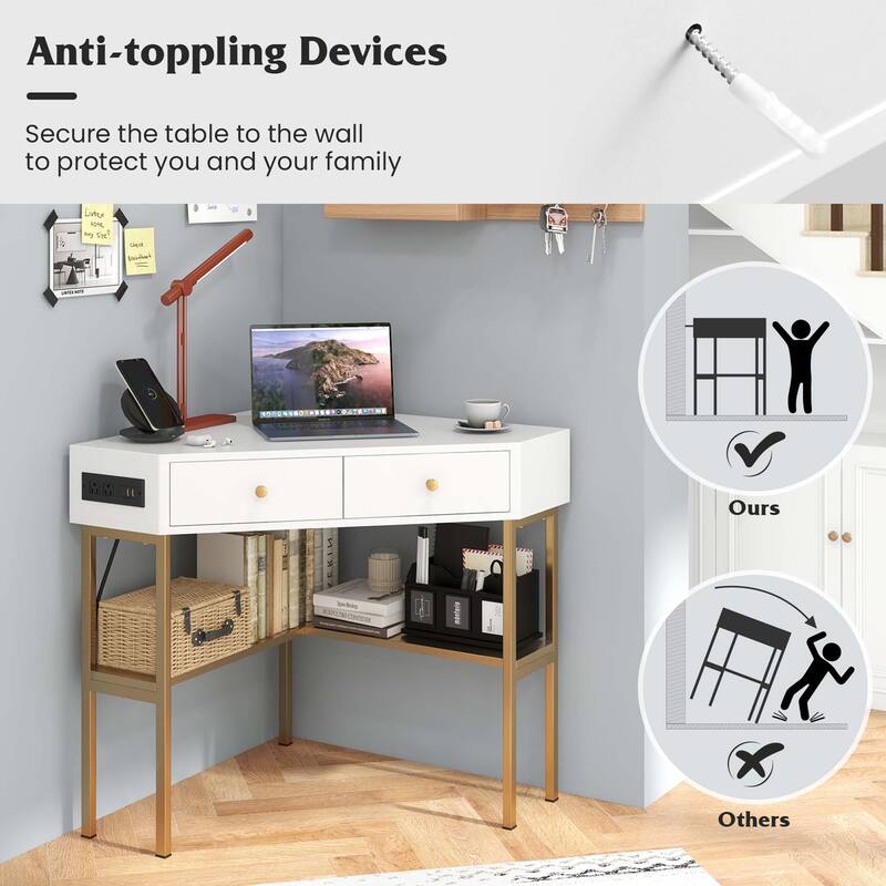 Costway Corner Desk with Built-in Charging Station Storage Drawers &