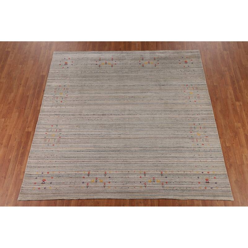 Earth Tone Striped Gabbeh Indian Square Area Rug Handmade Wool Carpet - 8'0" X 7'10"