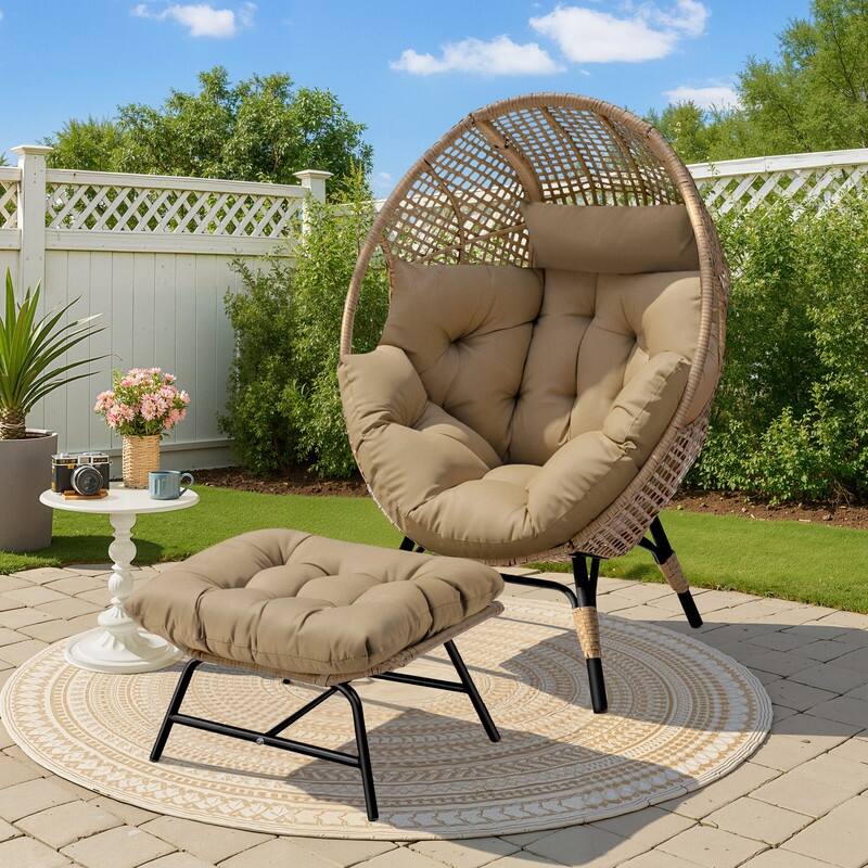 Outdoor Wicker Egg Chair with Ottoman, 6.5" Cushions, 440 lb Capacity