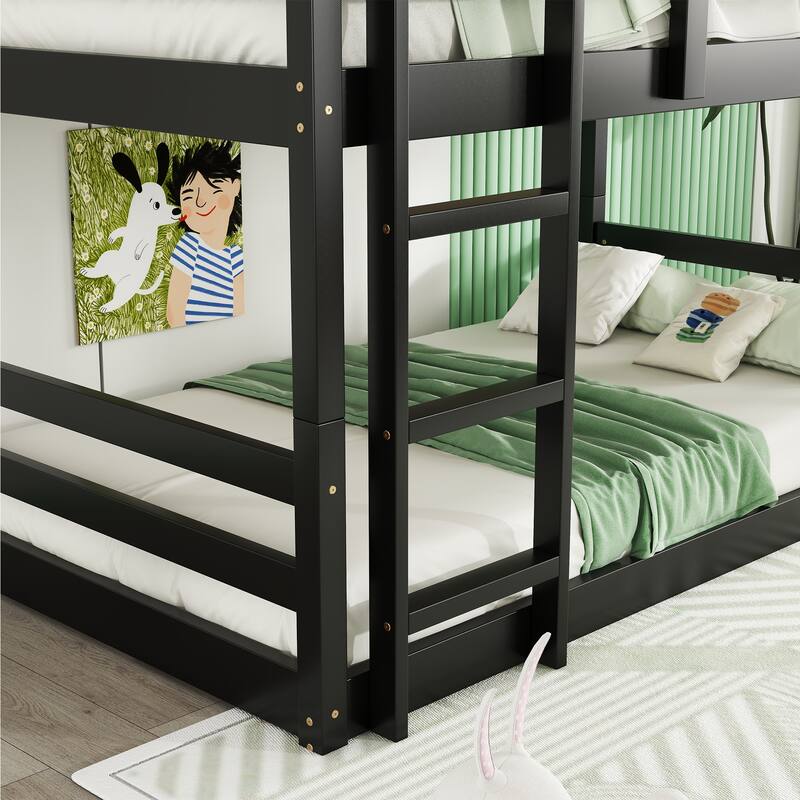 Roomfitters Triple Rubber Wood Bunk Bed, Detachable Twin over Twin over Twin with Ladders and Guardrails