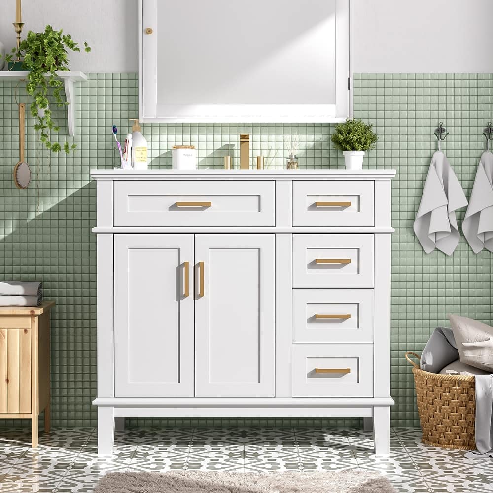 Elegant Storage Cabinet with Groove Design, Bathroom Vanity with Ceramic Sink, Gold Handles, Soft Close Doors and 4 Drawers