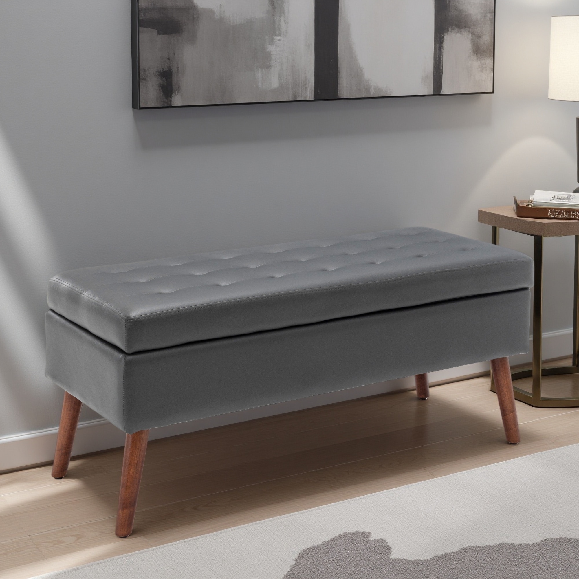 43"L Upholstered Storage Ottoman Bench, End of Bed, Solid Wood Legs