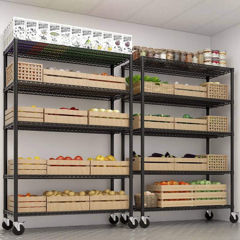 Black Adjustable 5-Layer Steel Wire Storage Shelf with Lockable Caster Wheels for Garage and Home