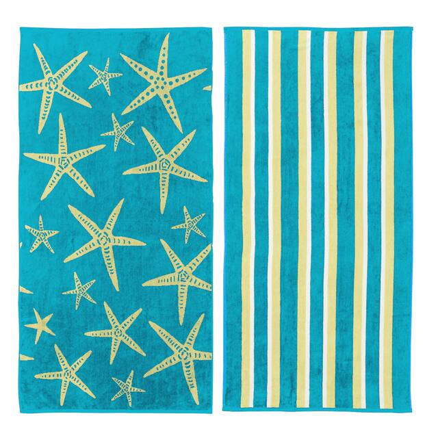 Luxurious Cotton Printed Beach Towel - Starfish - Blue / Yellow
