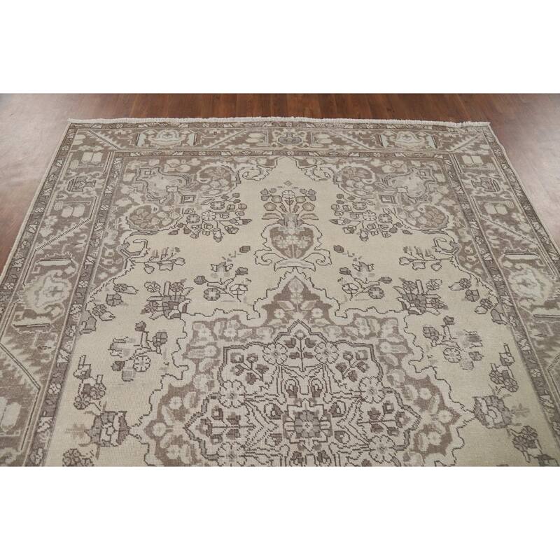 Distressed Tabriz Vintage Persian Rug Hand-Knotted Blue Wool Carpet - 6'7" x 9'6"