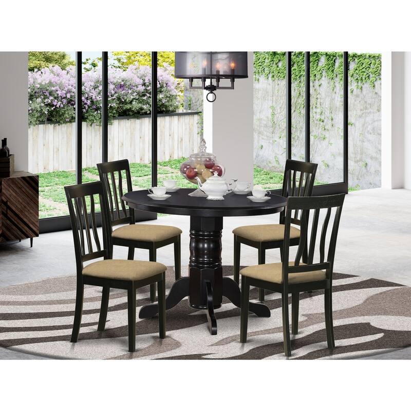 Kitchen Dining Set 5 Piece Table & Chairs - Round Pedestal Table with Linen Upholstered Seats