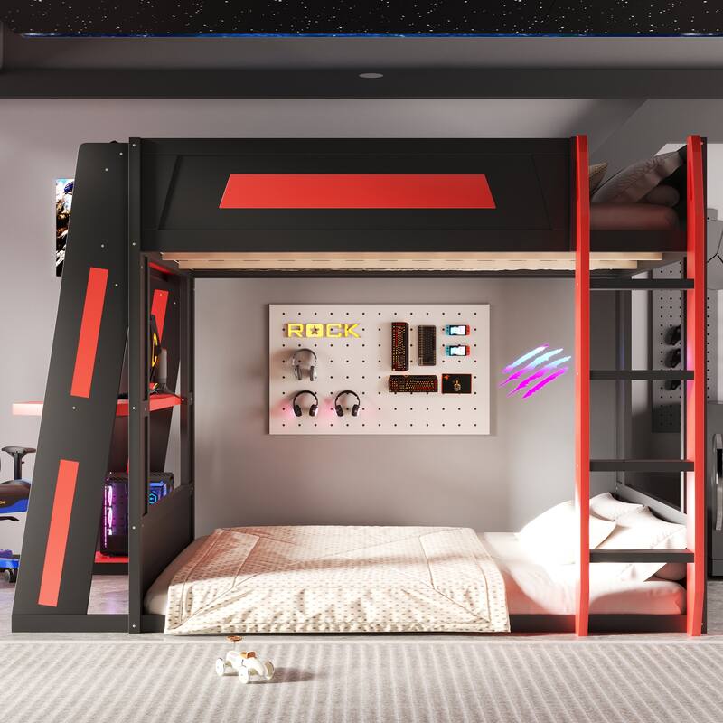 Gaming Bunk Bed with Computer Desk, Storage Shelves, USB Port and LED Strip Lighting, Esports Design, Wooden Gaming Bed