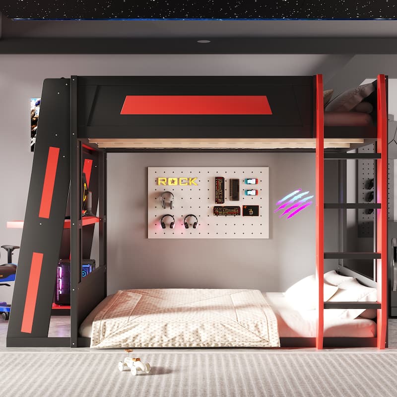 Queen Size Gaming Bunk Bed Gaming Loft Bed with Built-In Gaming Station Cable Management for Gamer Gaming Hotel Gaming Suite