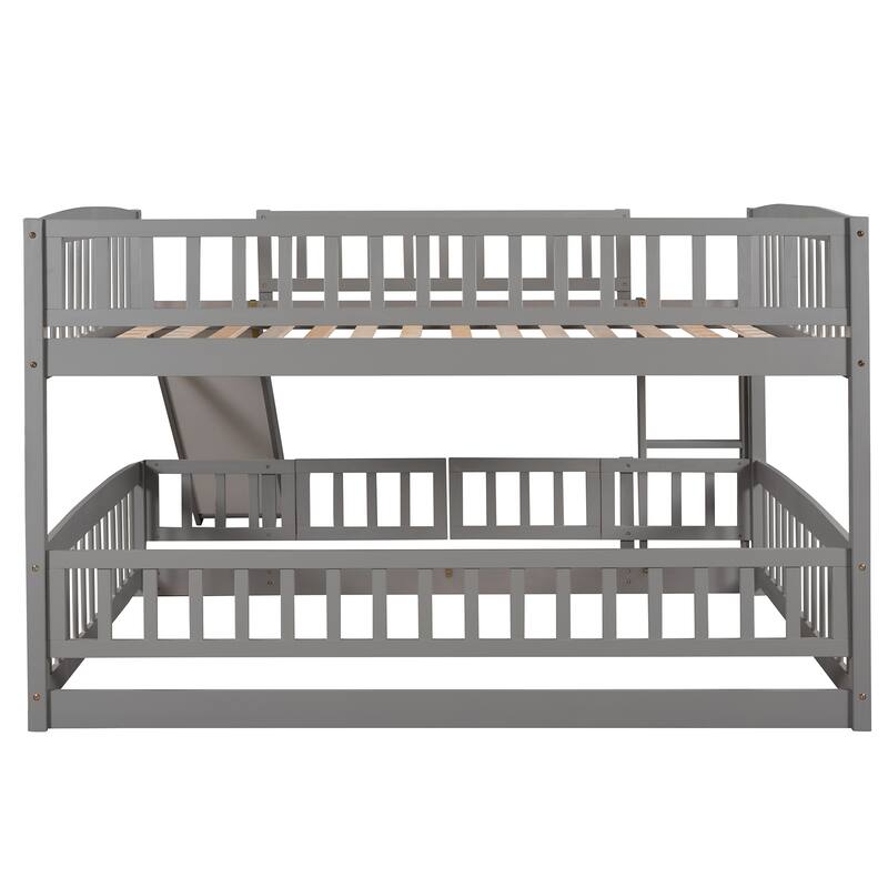 Full Over Full Low Bunk Bed with Slide, Fence, and Ladder for Kids and Teens