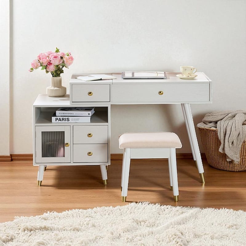 3-in-1 Vanity Desk with Lighted Flip-Top Mirror, Adjustable Side Cabinet, Makeup Table with Stool & Storage Drawers