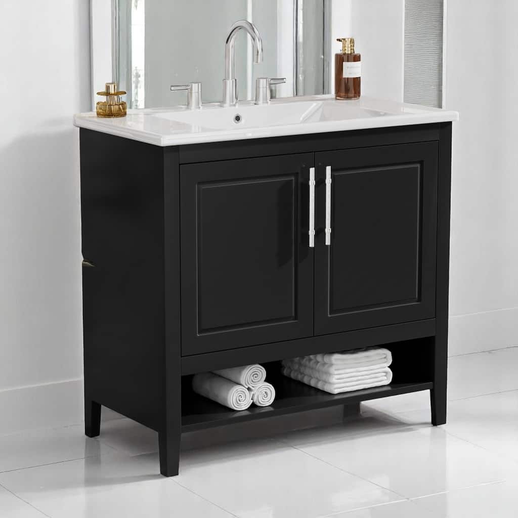 36" Bathroom Vanity with Ceramic Sink, Storage Cabinet with Doors and 2 Divided Drawers, Solid Wood & MDF