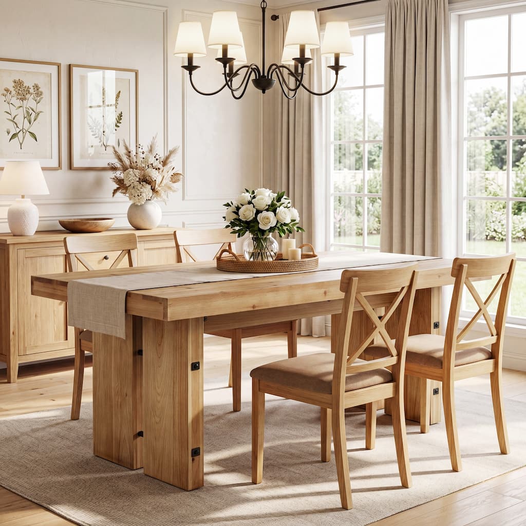63-Inch Solid Wood Dining Table, Farmhouse Kitchen Table for 6 People