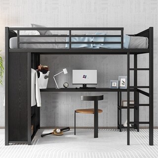 Black Full XL Loft Bed with Desk,Wardrobe and Storage for Home,Black