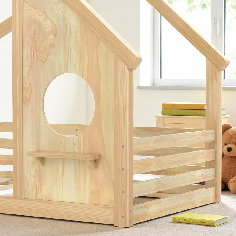 Twin/Full Size Solid Wood House Floor Bed with Window and Shelf, Montessori Low Bed Frame for Kids, No Box Spring Needed