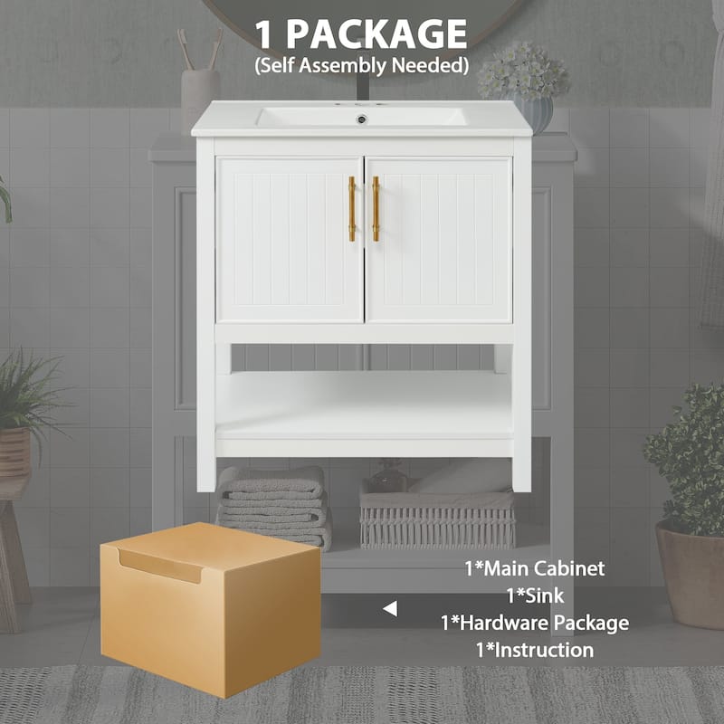 30-Inch Bathroom Vanity with Ceramic Sink, Gold Handles & Storage Shelves - Elegant Space-Saving Design