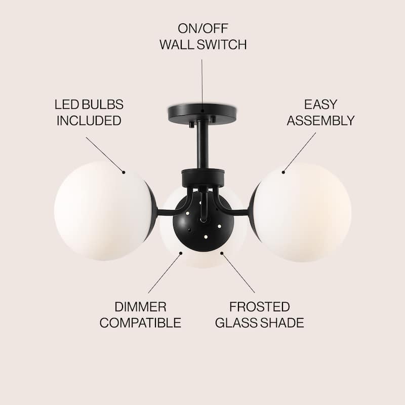 Ojai 23.5" 3-Light Bohemian Farmhouse Iron/Frosted Glass LED Semi Flush Mount, Brass Gold/White by JONATHAN Y