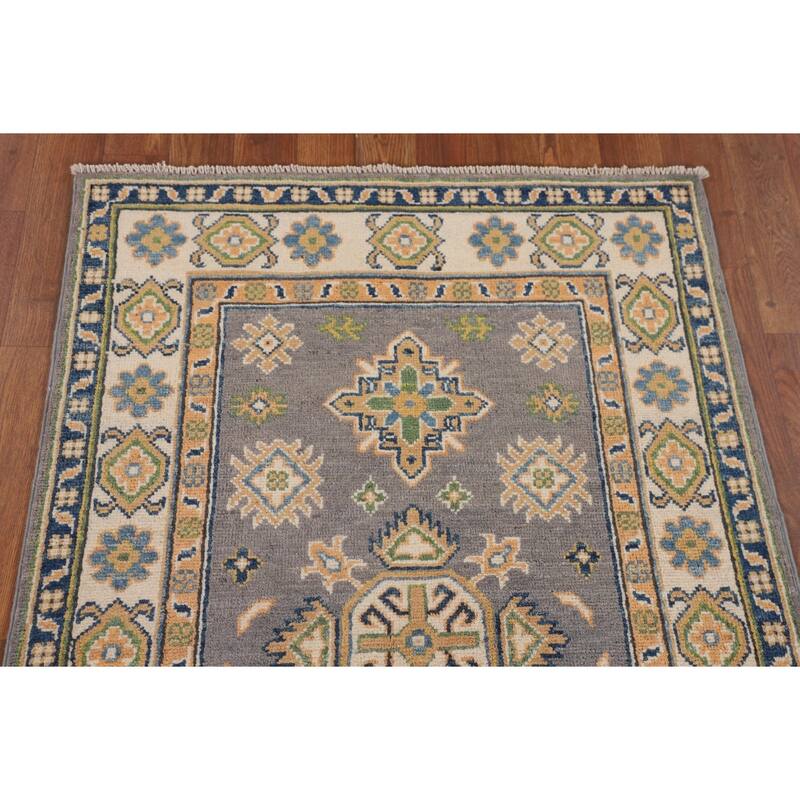 Gray Geometric Kazak Accent Rug Handmade Wool Carpet - 2'8" x 4'2"