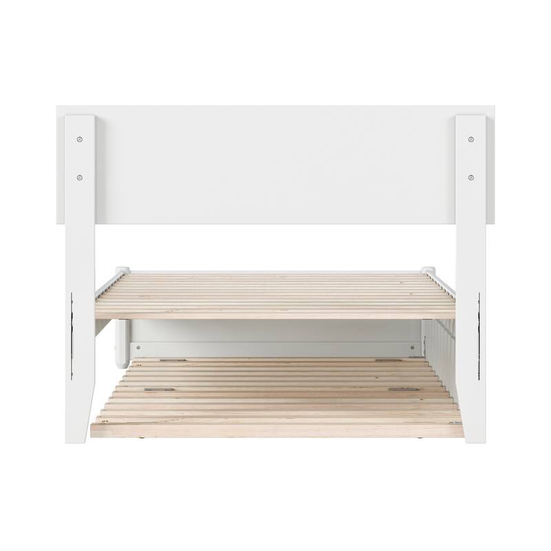 Twin Bed with Trundle & Panel Footboard - White Platform Bed Frame, Adjustable Headboard