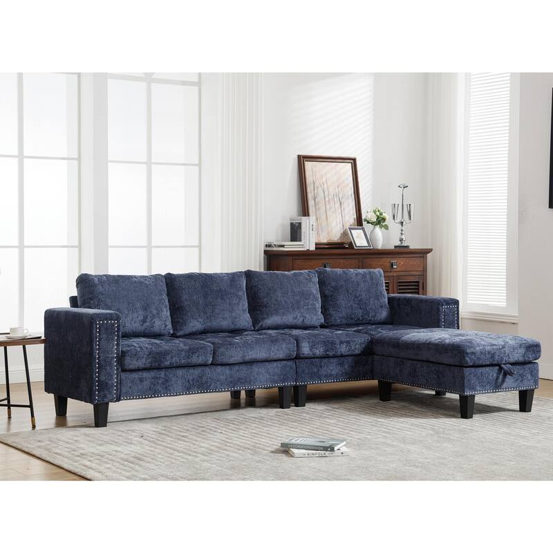 Contemporary Modular Sectional Sofa with Chenille Upholstery and Storage Ottoman for Living Room or Guest Room