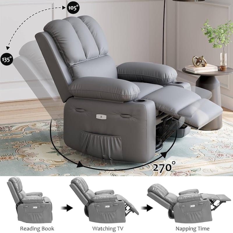 Oversized Leather Power Recliner Sofa Chair with Massage for Living Room Bedroom