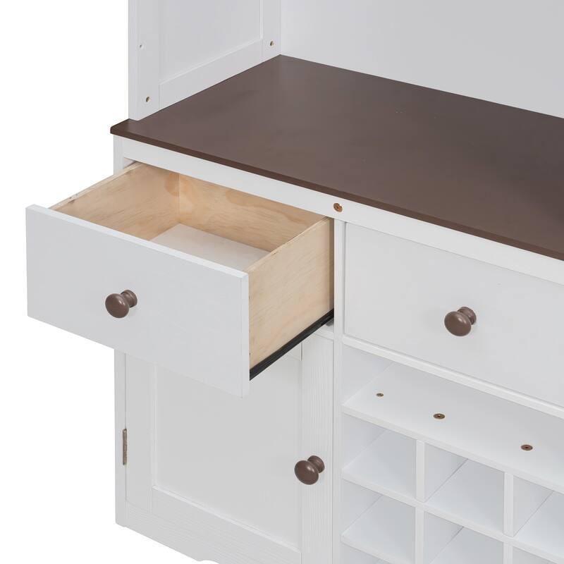All-in-one Murphy Bed Queen Size Storage Bed Cabinet with Wine Rack, Glass Holder, Drawers, Open Shelves and LED Lights