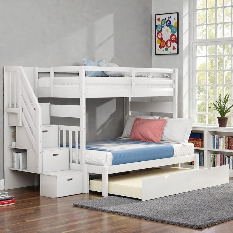 Twin over Full Bunk Bed with Twin Trundle and Storage Staircase, Solid Wood Space-Saving Bunk Frame - White - Full