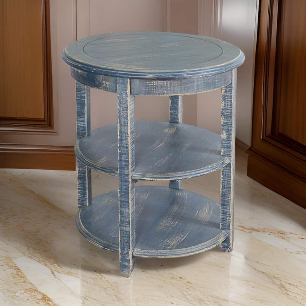 Rena Side End Table with 2 Shelves, 24 Inch Ocean Blue Mahogany Wood