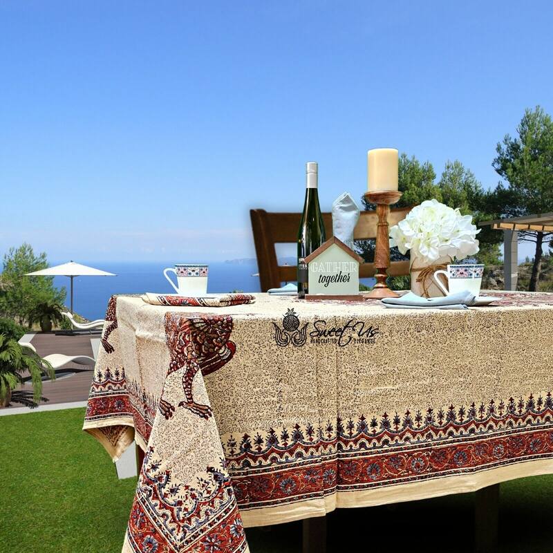 Block Print Veggie Dye Peacock Paradise Paisley Tablecloth Collection