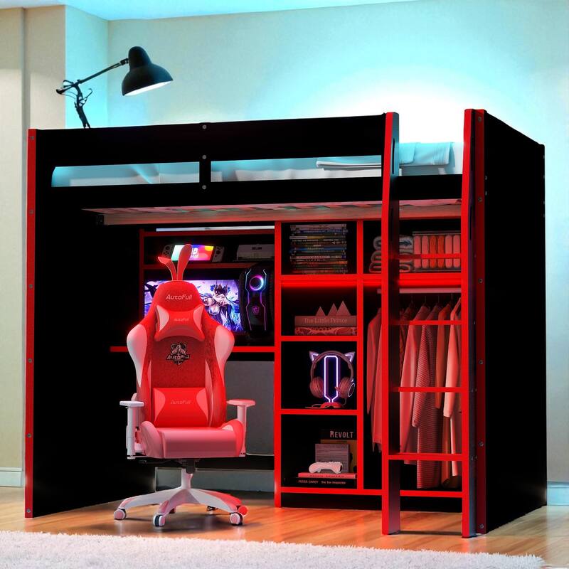 Full Size Wood Loft Bed with Desk, Open Wardrobe, Shelves and RGB LED Lights for Gaming & Storage