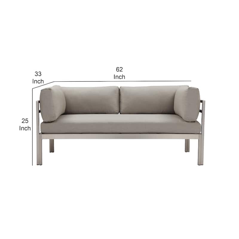 Cilo 65 Inch Outdoor Sofa, Smooth Gray Water Resistant Fabric, Aluminum