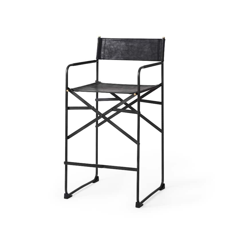Direttore Black Genuine Leather Seat with Black Metal Frame Counter Stool - Single - Black - Counter Height - 23-28 in.