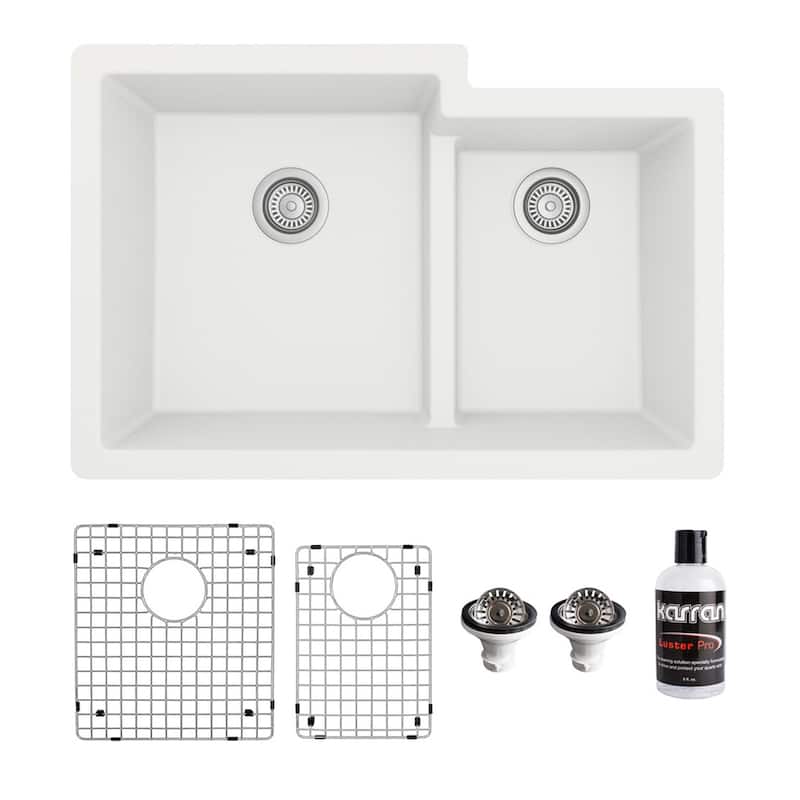 Karran 32" Undermount Large/Small Bowl Quartz Kitchen Sink Kit - 32" x 21.25" x 9" - White