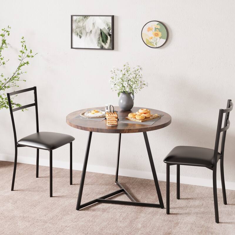 Lasyn Marble White Gold Round 3 Piece Dining Table Set for Small Space - 31.4" Dia x 29.5" H - Brown