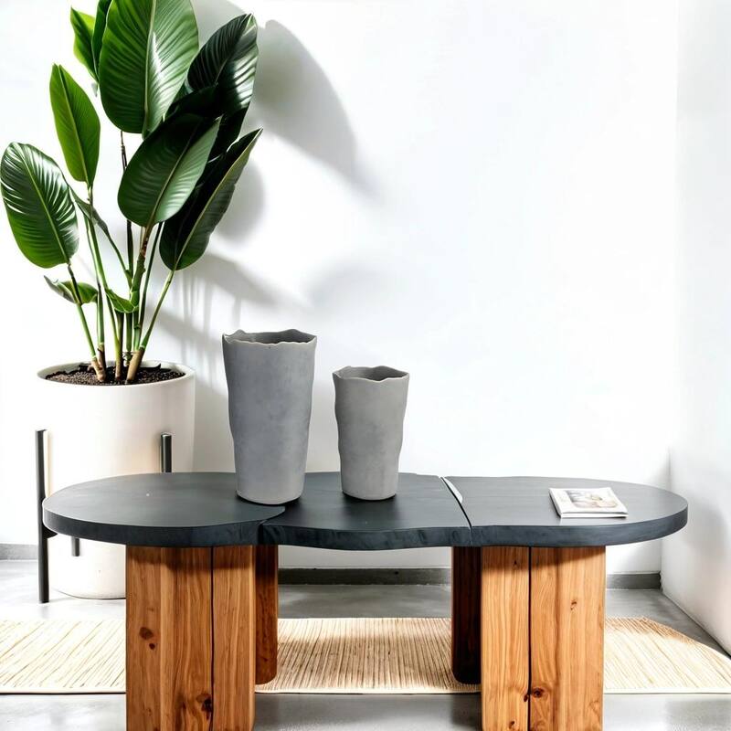 Set of Two Grey Ceramic Planters with Scalloped Edges