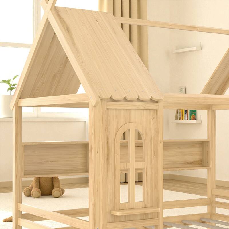 Twin/Full Size Wooden House Bed with Drawers and Shelves, Kids Platform Bed Frame with Window Roof Design