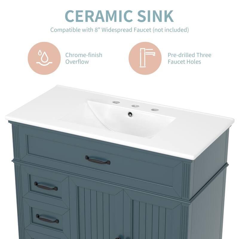 36" Bathroom Vanity with Ceramic Sink Blue Bathroom Cabinet with Drawers