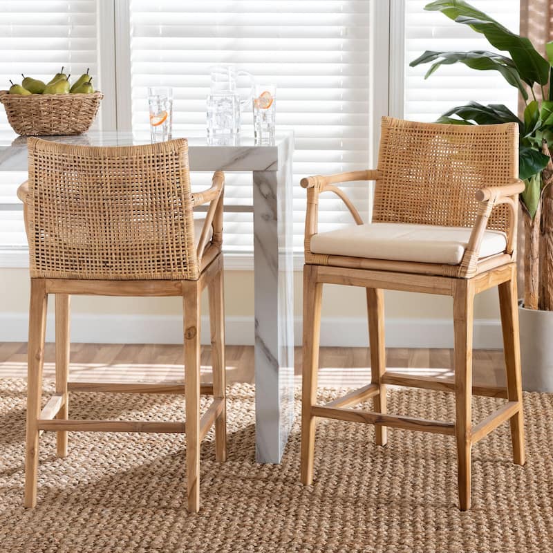 Storsel Bohemian Natural Rattan and Teak Wood 2-Piece Counter Stool Set